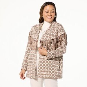 Fringed Open-Front Cardigan in Brown & Cream